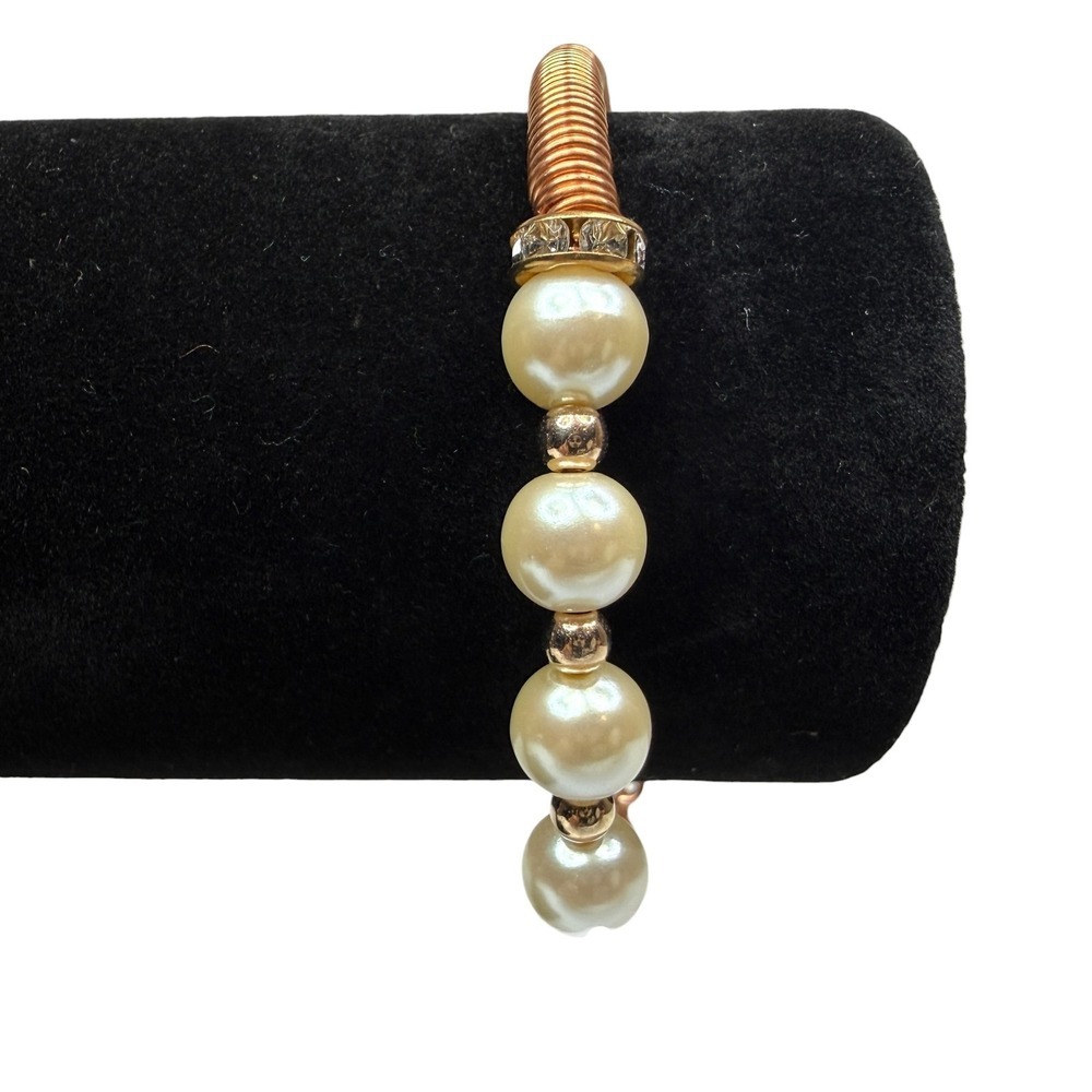 Fashion Pearl & Rose Gold Tone Bracelet with Rhinestone Accents